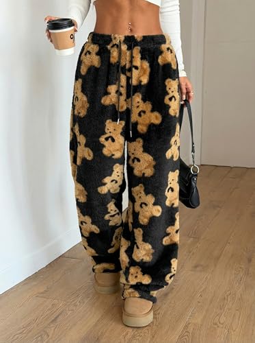 Image of ZAFUL Women's Fuzzy Plush Pajama Pants Wide Leg Pj Bottoms Lounge Pants | Soft Fluffy Sleep Pants Drawstring Elastic Waist Teddy Pjs for Women No Pockets