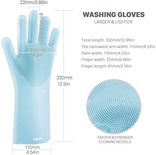 ANZOEE Reusable Silicone Dishwashing Gloves, Pair of Rubber Scrubbing Gloves for Dishes, Wash Cleaning Gloves with Sponge Scrubbers for Washing Kitchen, Bathroom, Car and More (Gray) (Blue)
