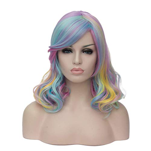 OYIXU Multicolor 35cm 13.7" Women Lolita Highlights Halloween Cosplay Rainbow Curly Short Hair Wig ¡­