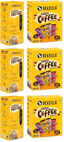 Image of Bevzilla 24 Assorted Coffee & Rechargeable Electric Frother Combo Pack | 3-Speed Setting with Type-C Fast Charging| 6 Pouches Each Flavour | Cafe Coffee Kit | Enjoy Hot & Cold (Pack of 3)