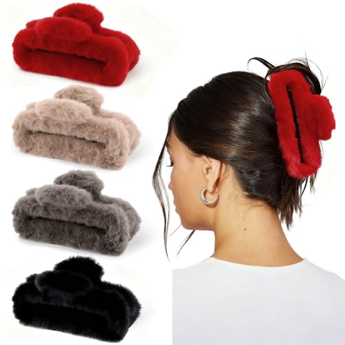 Ahoney 4 Pack Fuzzy Hair Claw Clip for Women 5 Inch Extra Large Big Hair Clips for Thick Long Hair Strong Hold Non-slip Banana Jumbo Jaw Clips - Black/Dark Grey/Khaki/Red