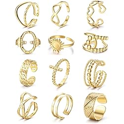 Anillos Dorados Adramata 12 PCS Anillo de Mujer de Acero inoxidable, Anillo Vintage Ajustable, Anillo Ppilable, Conjunto Abierto en Plata/Oro, Anillo de Chica,G