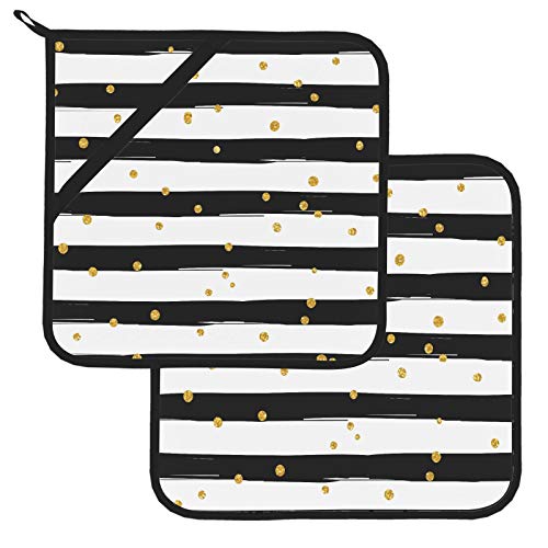 Gold Pseudo Glitter Effect On Black White Strip Hot Pads Heat Resistant Heat Resistant Pot Holders 2 Pcs Heat Resistant Pot Holders 8×8 Inch For Cooking And Baking #TOP10