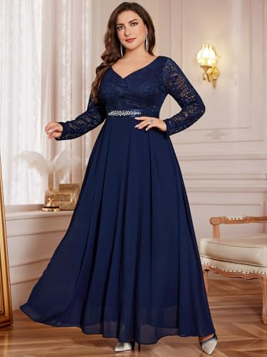 MISSMAY Women's Plus Size Floral Lace V Neck Rhinestone Ribbon Waist Chiffon Formal Bridemaid Maxi Dress3