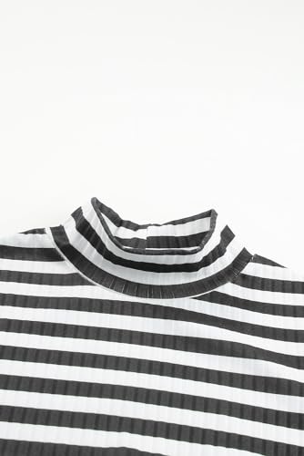 Image of Melliflo Womens Long Sleeve Mock Neck Striped Shirt Casual Cute Color Block Knit Tops Trendy Fall Fitted Basic Outfits