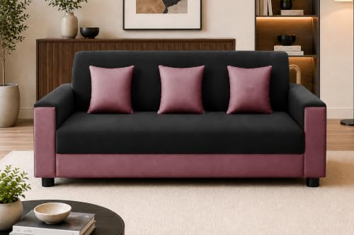 Image of Modern 3 Seater Sofa | Contemporary Upholstered Couch | Premium Cushioned Seating | Stylish Armrest Design | Comfortable Sofa for Living Room, Bedroom & Office - Black + Rose Pink Color