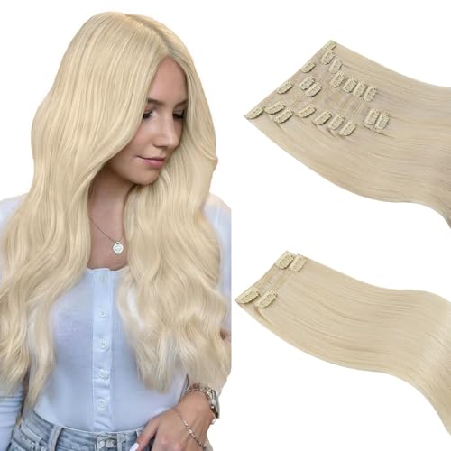 Image of Sunny Hair Clip in Hair Extensions Real Human Hair Blonde 170g 18 Inch | Clip in Human Hair Extensions Platinum Blonde, Full Head Coverage, for Birthday Party with Natural Looking Hair