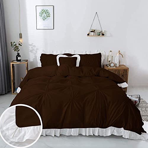 Image of 300 TC Pinch Ruffle 2 Tone Duvet /Razai /Blanket Cover with 2 Pillow Cover- 100% Cotton (Zipper Closure) Razai Cover 3 PC Set, Soft & Lightweight-Double Size White /Chocolate
