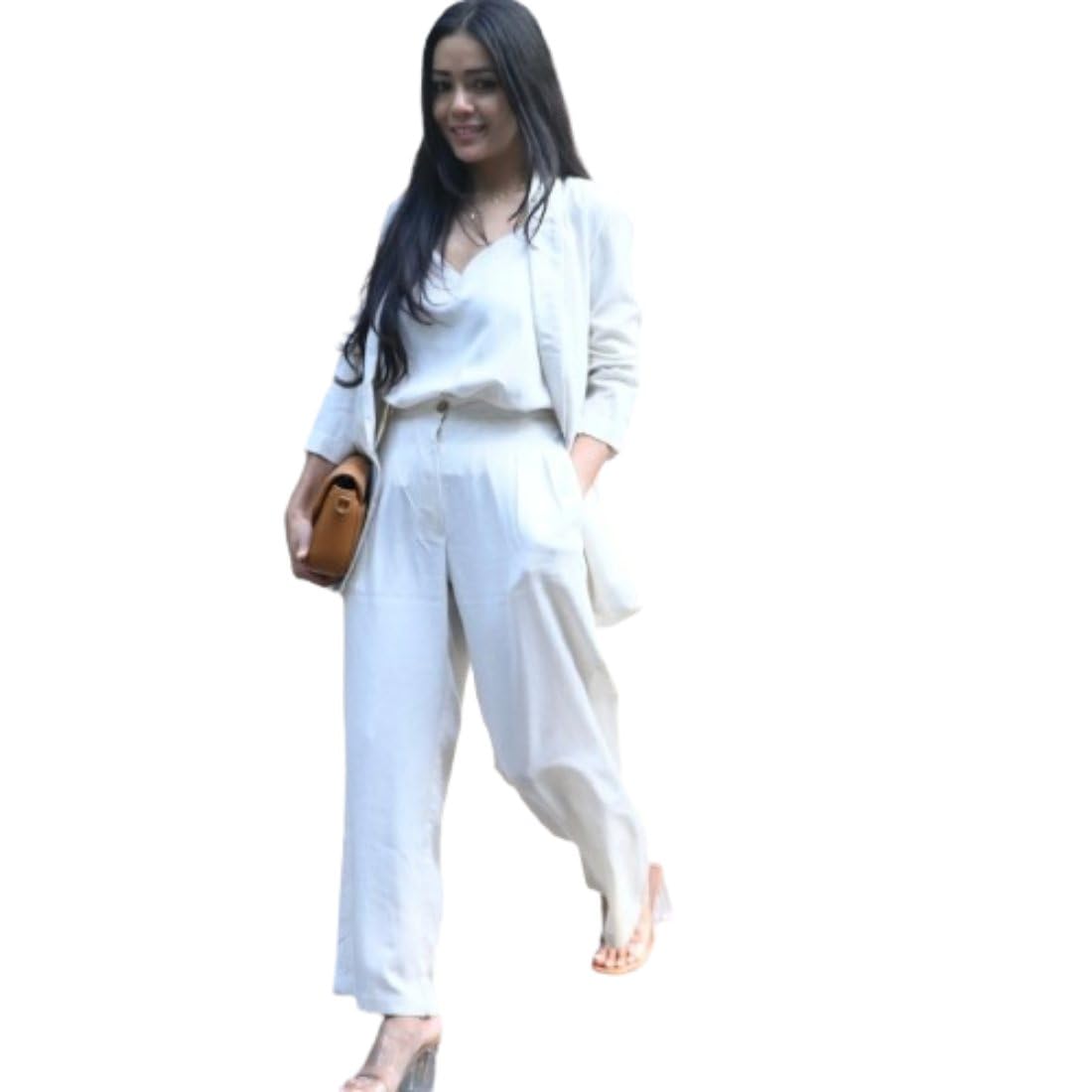 Women Tencel Solid Cream Top with Trousers & Blazer 3 Piece Co-Ords Set-image-12