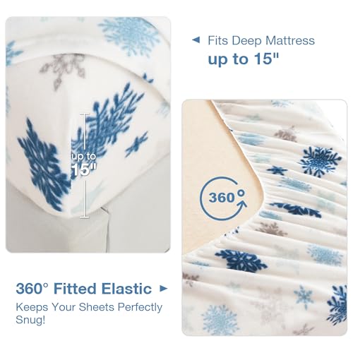 Image of Fleece Sheet Set Full, Soft Plush Bed Sheets, 4-Piece, Snowflake | 100% polar fleece, plush on both sides for winter warmth; low-shedding, pill-resistant, 15-inch pocket, machine washable
