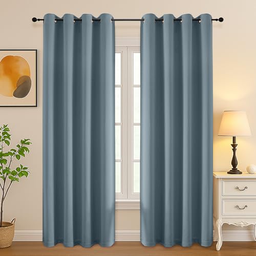Image of Simplebrand Stone Blue Room Darkening Curtains for Bedroom Living Room 84 Inch Length 2 Panels Set, Thermal Insulated Curtains & Drapes, Solid Grommet Noise Reducing Window Treatment, W50 x L84 Inch