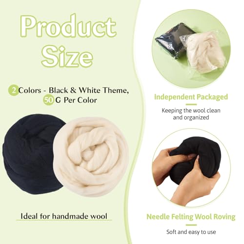 Image of Magibeasd 3.53 oz Wool Roving for Needle Soft Felting Nature Wool Black and White Chunky Yarn for Beginners Felted Handmade Crafts DIY Materials Hand Spinning Supplies