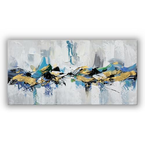 WENGTIAO Grande Astratto Quadro Dipinto a Mano, Pittura Acrilica, Quadri Moderni Astratta con Texture, Quadro Blu Nero Oro Bianco e Grigio su Tela per Soggiorno Decorazioni Parete 120x60 cm