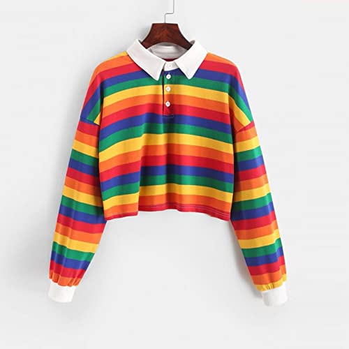 Women's Fashion Cute Crop Top Collared Long Sleeve Rainbow Striped T-Shirt Soft Blouses Y2K Streetwear for Teen Girls2