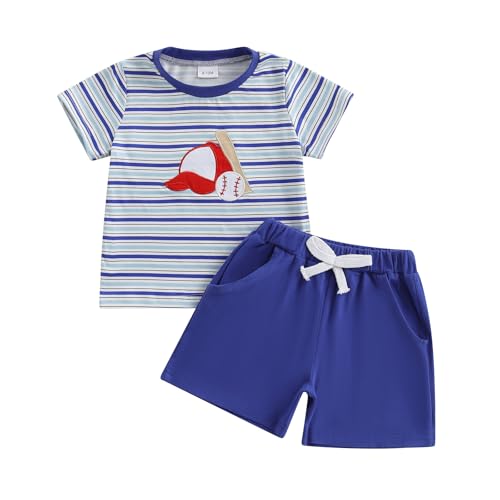GINEVSAL Toddler Baby Boy Summer Outfits Baseball/Tennis Embroidered Striped Short Sleeve T-shirts Shorts Set Clothes (Navy Blue, 6-12 Months)
