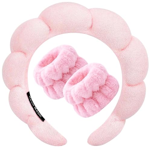 Image of 1Pcs Facial Spa Headband 2Pcs Wristband Combo Set, Pink Makeup Headband and Wrist Washband Set for Face Washing, Skincare, Shower, Makeup Removal
