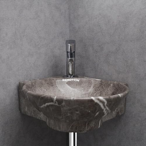 Image of REMOTION Wall Mounted Wash Basin for Bathroom | Wall Hung Corner Sink | Ceramic Round Wall Hung Wash Basin | Wall Hung Small Corner Basin (16.3 x 13.8 x 4.3 Inch) (Designer Grey)