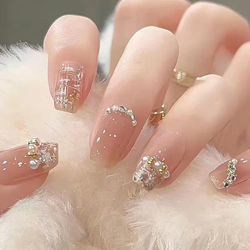 Hkanlre Press on Nails Fake Nails Nails for Women and Girls 240308 (Nude Lattice)