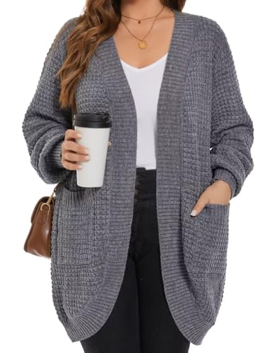 Image of MONNURO Womens Plus Size Open Front Cardigan Waffle Knit Long Sleeve Sweaters Tops Fall Coat Outerwear with Pockets