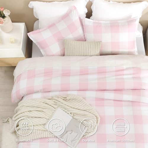 Image of Andency Pink Checkered Comforter Full(79x90Inch), Plaid Gingham Buffalo Plaid Grid Bedding Sets for Girls Kids Women Kids Teens, 3 Pieces Lightweight Polyester Geometric Preppy Bed Set