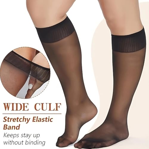 6 Pairs Of Women's Plus Size Knee Socks, Nylon Transparent Pantyhose, Calf Socks4