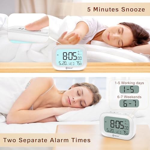 Image of Geevon Small Travel Alarm Clock, Digital Alarm Clocks for Bedrooms Home Office, Battery Operated Desk Clock with 3 Inch Large Display, 2 Alarms, 5s Backlight, Snooze, Indoor Temperature, White
