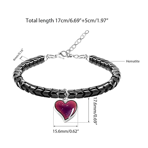 Image of A Pair of Gear-shape Hematite Bracelets with Color Changing Thermo Sensitive Mood Heart Charms, Couples Love Heart Bangles Gifts