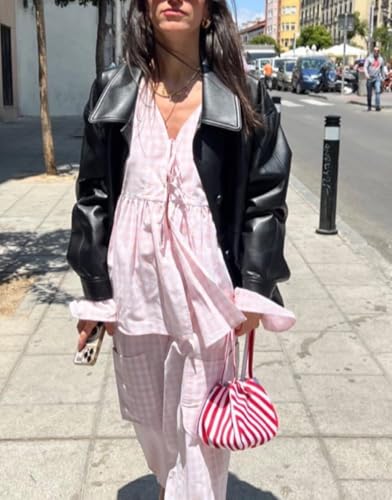 Image of Argeousgor Women Plaid 2 Piece Pajama Set Button Down Puff Sleeve Babydoll Shirt Gingham Pants Pj Lounge Set Sleepwear