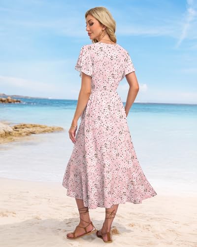 Image of AUSELILY Women Summer Midi Dresses Wrap Short Flutter Sleeve Elegant Dress | High Slit,High-waisted,Ruffled Hem,V-Neck,Fixed-strap Design,Skin-Friendly,Breathability,Wedding Guest Dresses
