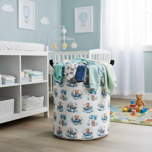 Image of Baby Laundry Basket Baby Hamper for Nursery Girl Kids Butterfly Hamper Cute Storage Bin Organizer Butterfly Room Decor for Home(Bear Pilot)