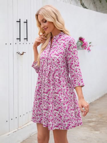 Image of EZAPINE Floral Dress for Women 3 /4 Sleeve Shift Boho Cotton Shirt Dresses | Button Up,Summer,Mini,Above Knee,Casual,for Picnic,Vacation