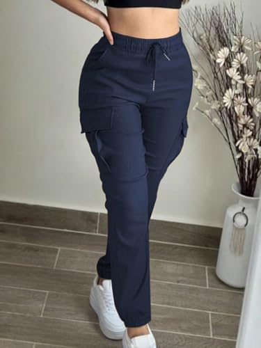 Women's Wide Leg Casual Pants Pocketed Elastic Waist Drawstring Loose Cargo Pants2