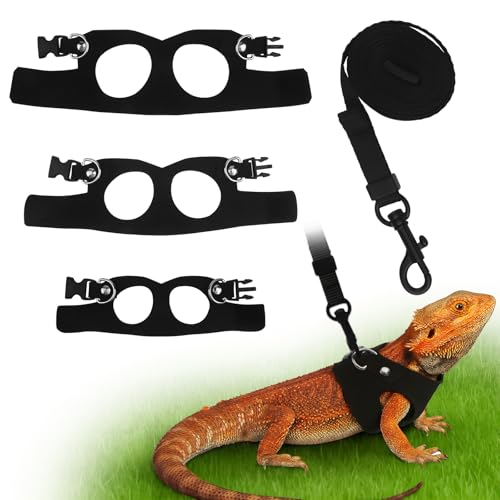 3Size Black Bearded Dragon Leash and Harness Set, Adjustable Bearded Dragon Harness with Lizard Traction Rope for Reptile, Lizard Leash/Squirrel Harness/Small Rabbit Traction Rope (S, M, L)
