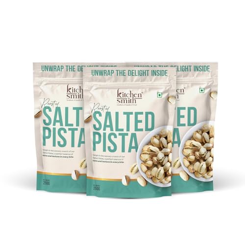 Image of KitchenSmith Salted Roasted Pista - Pack of 3 (250gm Each) | California Pistachios, Pista Dry Fruit, Tasty & Healthy Inshell Pistas| High In Protein | Gluten Free (With Shell, Air Tight Pouch)