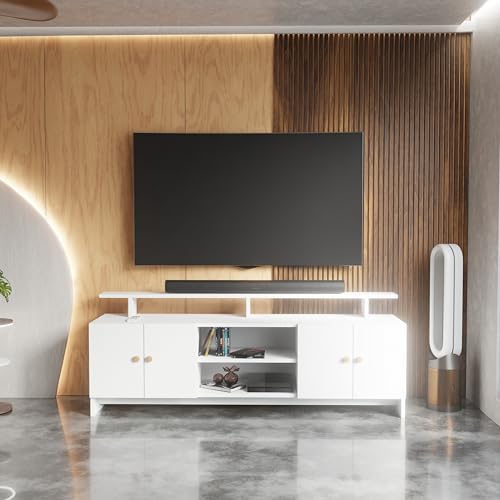 Image of Ansicraft Modern TV Unit for Living Room | Wooden TV Cabinet with Open Shelf & Storage | Entertainment Unit | Assembly-DIY | Color-White