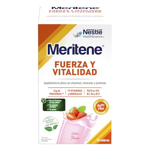 Meritene | Fuerza y Vitalidad | Batidos Sabor Fresa | Fuerza para tus Músculos, Vitalidad para ti | Solución Nutricional para Adultos con Proteínas, Vitaminas y Minerales| 15 Sobres | 450 gr
