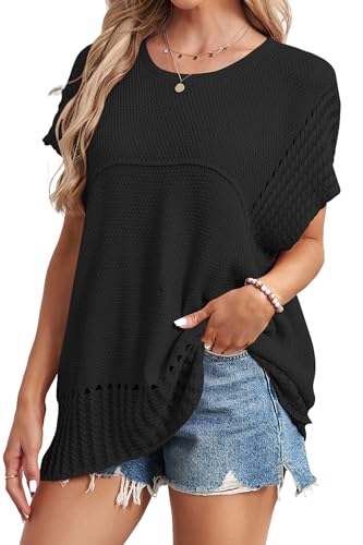 Cakulo Womens Summer Short Sleeve Casual Sweaters Tunic Crochet Knit Sweater Top 2025