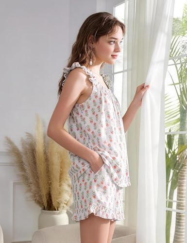 Image of Kissonic Womens Ruffle Pajamas Set 2 Piece Summer PJs for Women Floral Pajama Ruffle Trim Cami Top and Shorts Lounge