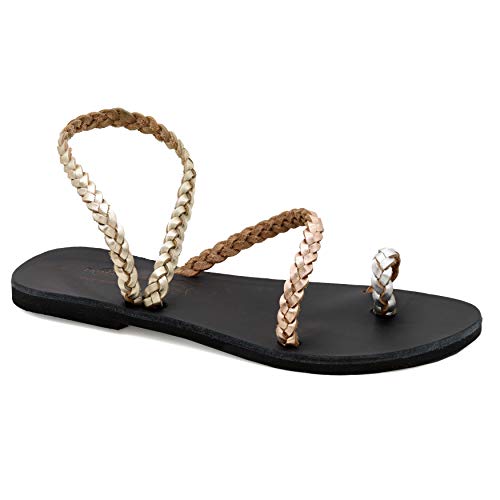 Emmanuela - Sandalias de cuero trenzadas hechas a mano con correa al tobillo, zapatos de verano para mujer, sandalias planas estilo boho chic, Multicolor, 37 EU