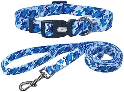 Ovale Dog Collar Leash Combo Set, Adjustable Collar and 5 ft Matching Leash, for Medium Dogs.(M, Blue Camouflage)