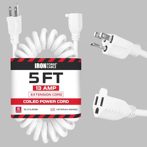 Iron Forge Cable SJEOW White Outdoor Coiled Extension Cord 5 ft,16 AWG 13 Amp Oil Resistant & Flame...
