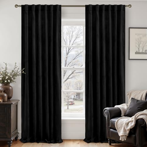 LAMIT Black Velvet Blackout Curtains 90 Inches Long, Luxury Thermal Room Darkening Panels for Bedroom Back Tab and Rod Pocket Soundproof Halloween Drapes for Living Room, 2 Panels, 52 x 90 Inch