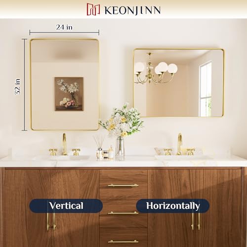 Keonjinn 24" x 32" Gold Bathroom Mirrors for Vanity, Brass Rounded Rectangle Brushed Gold Mirror with Metal Frame, HD Tempered Glass, Modern Gold Framed Decorative(Horizontal/Vertical) by Keonjinn - Used condition - Image 9