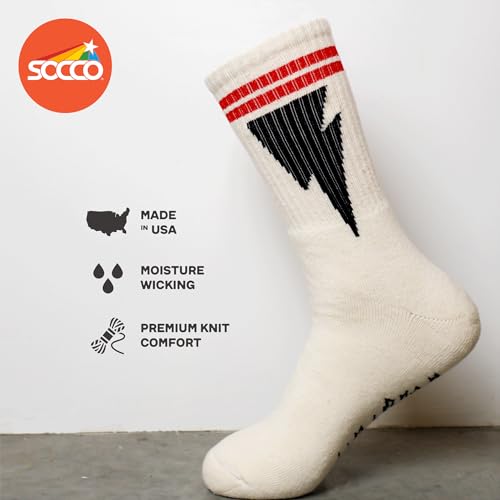 Mike Vallely Natural Cotton Skateboard Crew Socks | Lightning Bolts & Red Stripes | Made in USA | Men's 8-134