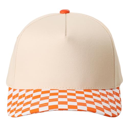 MIRMARU Blank 5 Panel Trucker Hat Adjustable Snapback Baseball Cap with Various Styles for Men and Women. (US, Alpha, One Size, Checkerboard Brim, Orange)