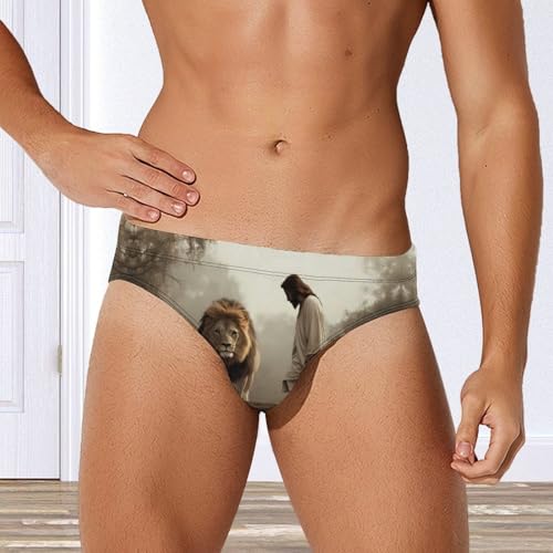 Man and Lion Printed Swim Briefs for Men Sexy Bikini Swimwear Elastic Beach Trunks Bathing Suit2
