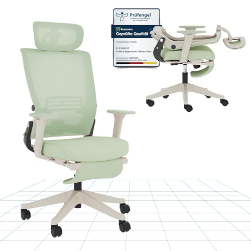 FLEXISPOT Ergonomischer Bürostuhl, Foldex, klappbarer Bürostuhl für Kleine Räume mit Lendenwirbelstütze, Höhenverstellbaren Armlehnen, 2D Kopfstütze, Schreibtischstühle mit Fußstütze Grün
