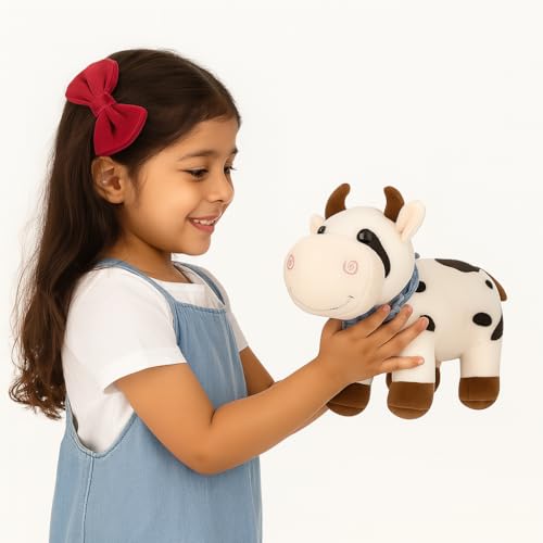 Image of Plush Cow Toy for Kids | Soft Stuffed Animal with Cute Face & Horns | Hugging Cuddly Cow for Baby Boys & Girls | Birthday Gift & Nursery Decor (22 cm)