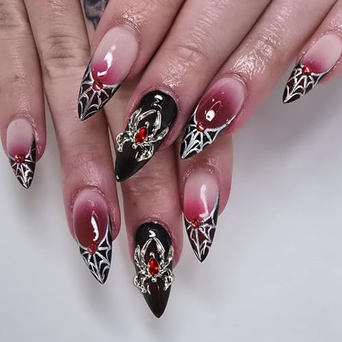 GlamRays 24 piezas Halloween uñas postizas almendradas medianas Día de los Muertos degradado telaraña diseño 3D cobertura completa reutilizable para mujeres