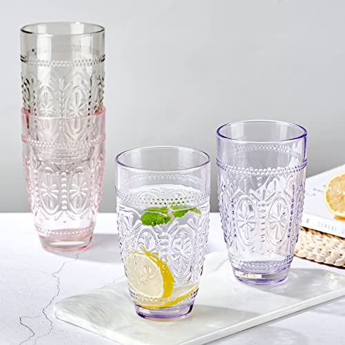 Creativeland 4 Pack Colored Vintage Drinking Glasses, 15.5 Oz Romantic Embossed Water Glasses, Colored Tumblers Tempered Glass, Vintage Glassware Set For Juice, Beverages, Beer, Cocktail(Gray) #TOP5